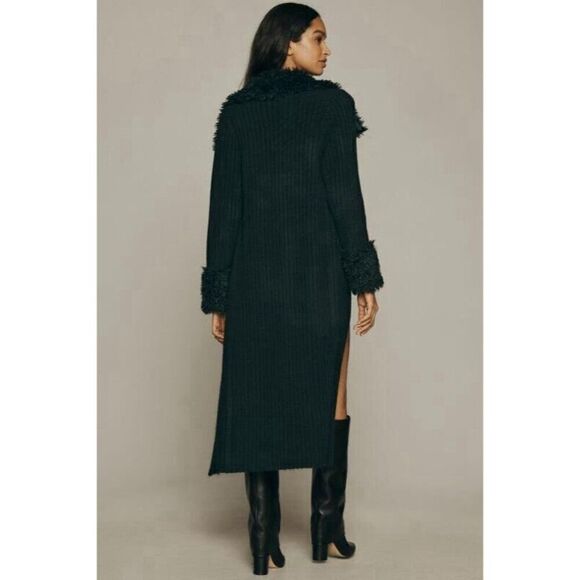 NWT ANTHROPOLOGIE FLAT WHITE FAUX FUR TRIM CARDIGAN SWEATER MAXI DUSTER BLACK OS - Picture 3 of 5